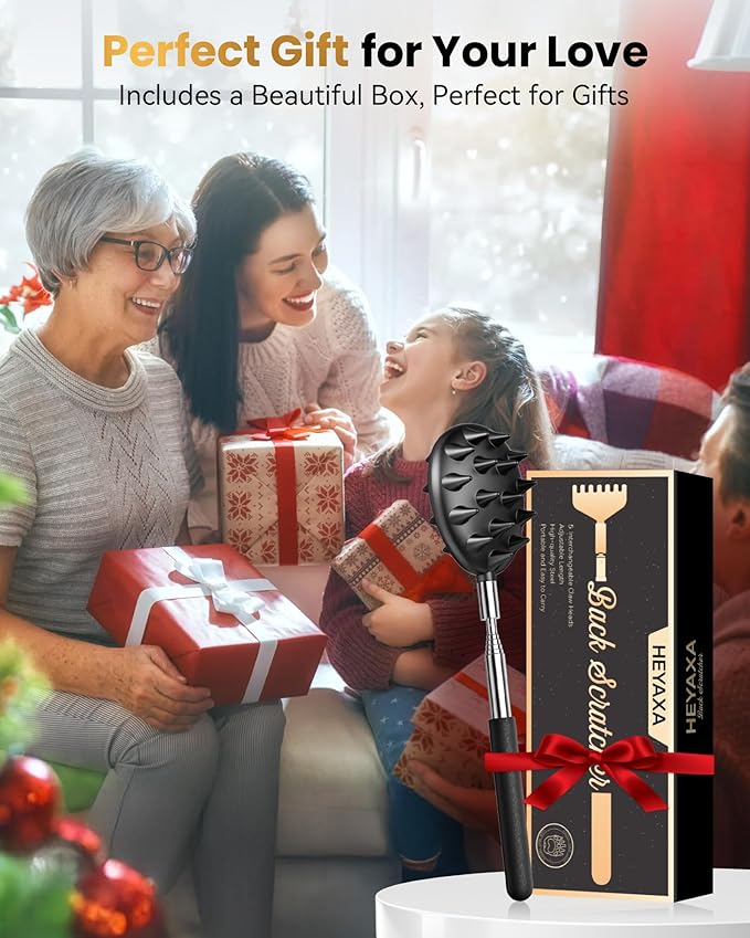 Telescoping Back Scratcher with 5 Detachable Heads, Gifts for Christmas, Stocking Stuffers for Men, Women, Him, Her, Dad, Funny White Elephant Gifts for Adults, Gift Box Included