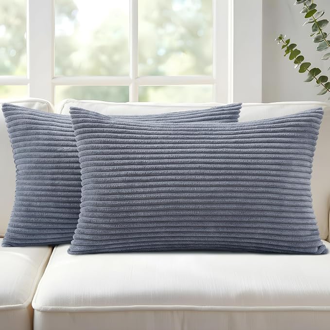 Mecatny Corduroy Decorative Throw Pillow Covers 12x20 Set of 2 Blue Grey | Soft Striped Texture, Hidden Zipper Design, Neutral Boho Lumbar Pillow Cases for Sofa Couch Living Room Bedroom, Home Décor