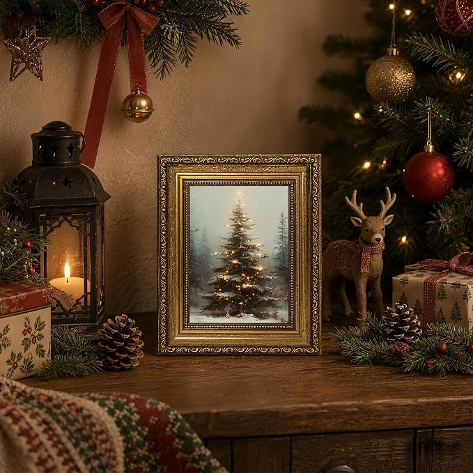 Fantasy Artists Christmas Framed Canvas Wall Art, Lighted Christmas Tree in Snowy Forest Gold Frame Print, Vintage Winter Holiday Decor for Living Room Bedroom Entryway, Ready to Hang, 8" Wx10 H
