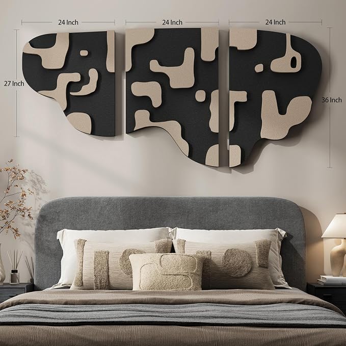 Large 3D Textured Modern Abstract Wall Art Decor for Living Room, 3 Piece Black and Beige Minimalist Artwork for Walls, Geometric Sandstone Texture Wall Decor for Hallway, Bedroom, Office, 24x36