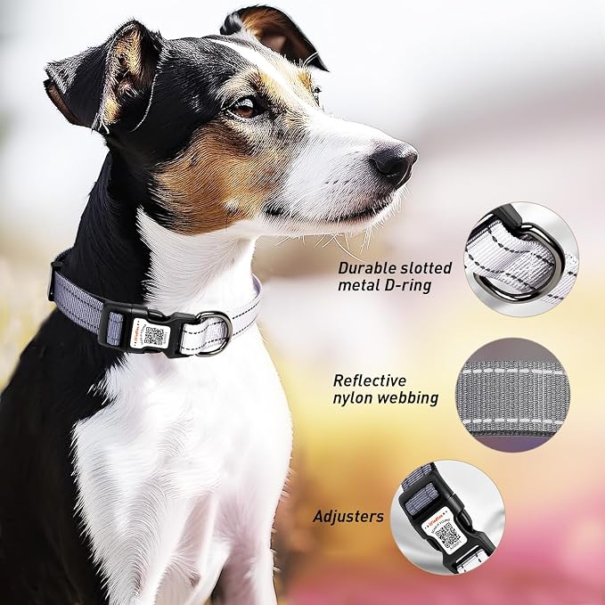 Personalized Dog Collar with QR Code Dog Tag, Black&Gray M | Anti-lost, 1000D nylon, reflective, padded, XS-L(8"-24"), QR buckle shares lost pet profile, location alerts when scanned