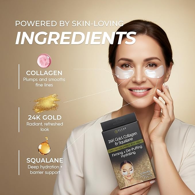 Clear Beauty, 24K Gold & Collagen Under Eye Patches For Dark Circles & Puffy Eyes – Firming & Hydrating With Squalane – Dermatologist Tested, Anti-Aging, Korean Skin Care – Clean Beauty – 5 Pairs
