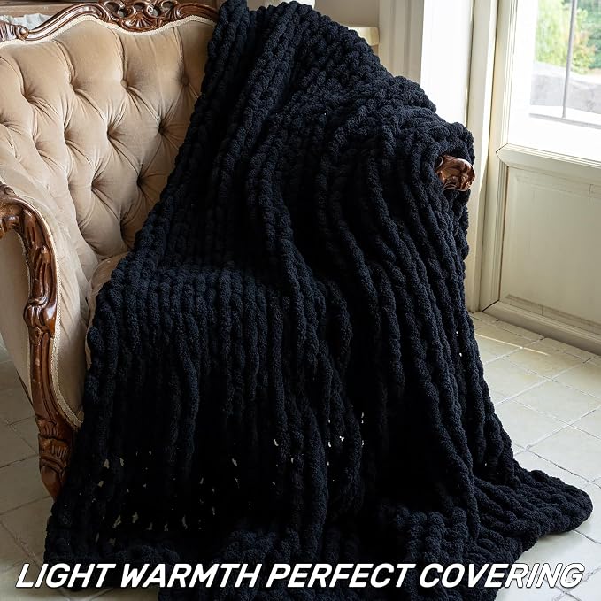 Chunky Knit Blanket - Luxury Soft Cozy 80 * 90 Throw Blanket,100% Woven Blanket Rope Knot Throw Blanket for Couch, Sofa, Home Decor, Gift - Machine Washable (Black, 80 * 90)