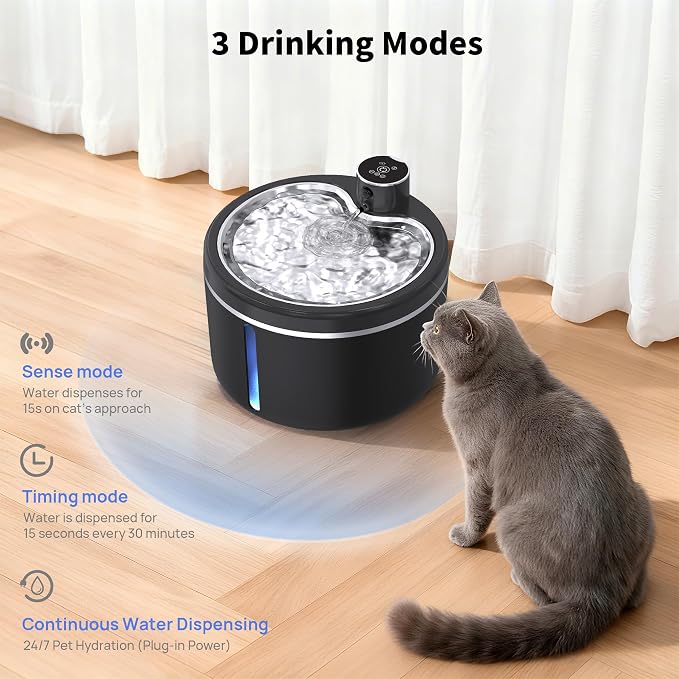 Cat Water Fountain Cordless, 108oz/3L Pet Fountains for Cats Indoor with Stainless Steel Tray, Battery Operated Cat Drinking Fountain with Motion Sens