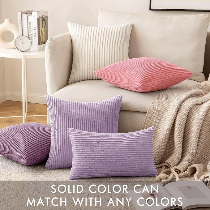 MIULEE Decorative Corduroy Throw Pillow Covers Set of 2 18x18 Lavender | Soft Striped Textured Cushion Cases, Boho Energetic Vibe Pillowcases for Home Decor, for Couch Chair Sofa Bed Living Room