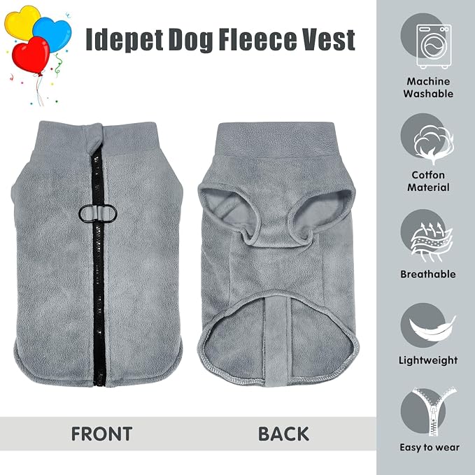 Idepet Dog Fleece Vest Sweater Zip Up Warm Pullover Dogs Jacket with D-Ring Leash Winter Cold Weater Coat Pet Sweatershirt Clothes Hoodie for Small Medium Dogs Boy Girl (Gray, S)
