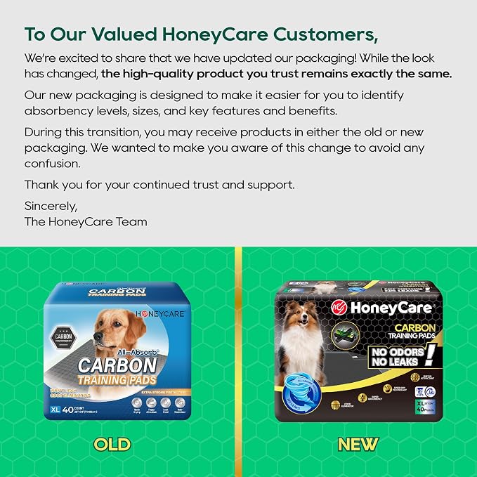 HONEY CARE All-Absorb Puppy Training Pads Dog Potty Pads Absorb Eliminating Urine Odor, Jumbo-Size Charcoal Puppy Pee Pad (Carbon, XL 28x34 inch, 40ct)