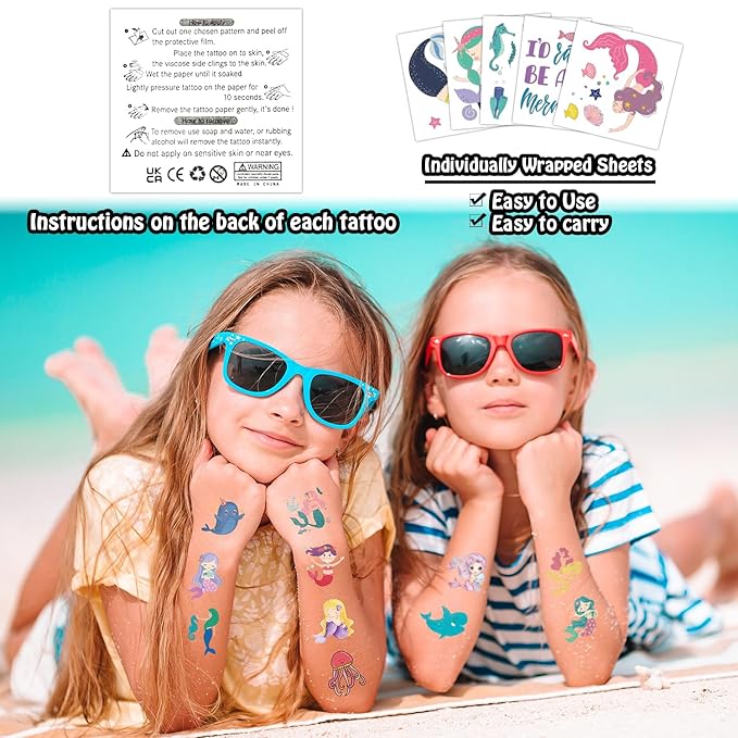 Partywind 408 PCS Kids Tattoos for Party Supplies, Individually Wrapped Sheet Temporary Tattoos Stickers for Kids Goodie Bag Stuffers, Fun Birthday Party Favors - Mermaid