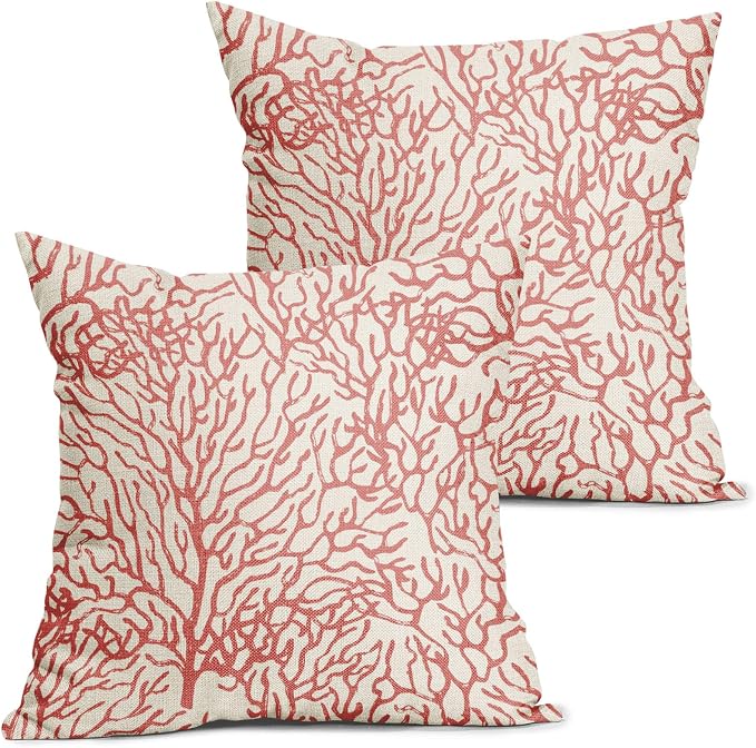 Nautical Coastal Pillow Covers 16x16 Inch Set of 2 Summer Ocean Beach Coral Orange Decorative Pillow Cases Outdoor Linen Cushion Cover Farmhouse Decor for Bedroom Home Sofa Couch Bed