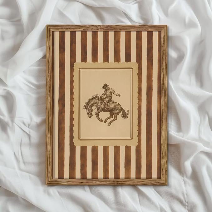 Framed Vintage Western Wall Art, Southwestern Cowboy Horse Canvas Wall Decor Painting, Mid Century Rustic Striped Cowboy Artwork Print Picture for Living Room Bedroom Bathroom 12x16 Inch