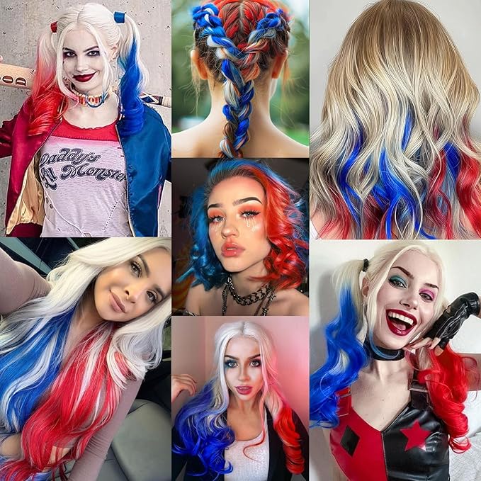 IDN BEAUTY Colored Clip in Hair Extension, 12PCS Red Blue White 24Inch Multicolored Deep Purple Mix Synthetic Hair Pieces for Women, Hair Accessories for Party Cosplay Travel Birthday