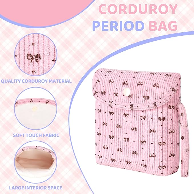 Bow Corduroy Sanitary Pad Pouch Soft Discreet Pad Bags for Period for Women Cute Nursing Pad Holder Menstrual Cup Tampon Pouch First Period Gift Feminine Bag (Black)