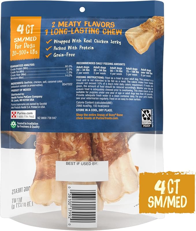 Purina Busy Bone Jerky Wraps Small/Medium Breed Dog Treats, (5) 4 ct Pouch | Beefhide Wrapped With Real Chicken Jerky long-lasting dog chews, grain-free, just five ingredients, resealable pouch