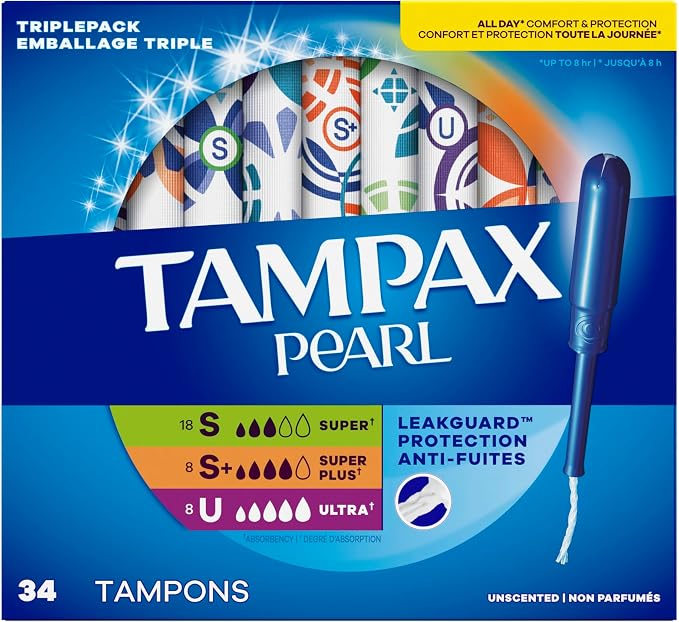 Tampax Pearl Tampons for Women Multipack, with LeakGuard Braid, Super/Super Plus/Ultra Absorbency, Unscented, 102 Count (3 Packs of 34)