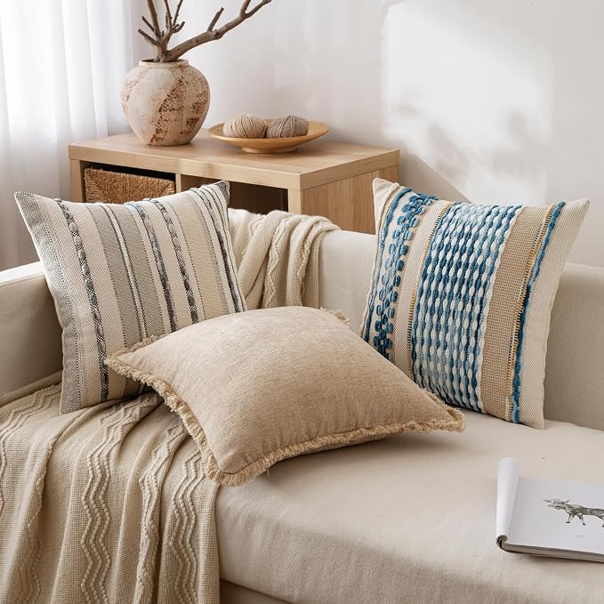 ANRODUO Boho Decorative Throw Pillow Covers Sky Blue Stripe 18x18 Pack of 2 | Throw Pillow Covers, Farmhouse Cushion Case, Chenille Pillow Cases, Coastal throw pillows, Neutral Pillowcase for Couch Bed