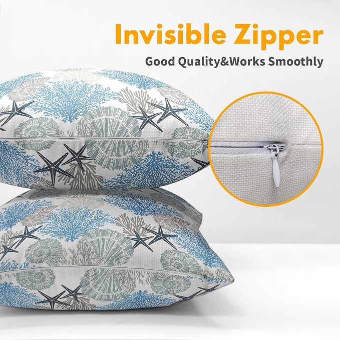 Coastal Starfish Seashell Coral Pillow Covers 18x18 Inch Set of 2 Summer Nautical Beach Decorative Pillow Cases Sea Ocean Cotton Linen Cushion Case Farmhouse Home Decor for Sofa Couch Bedroom