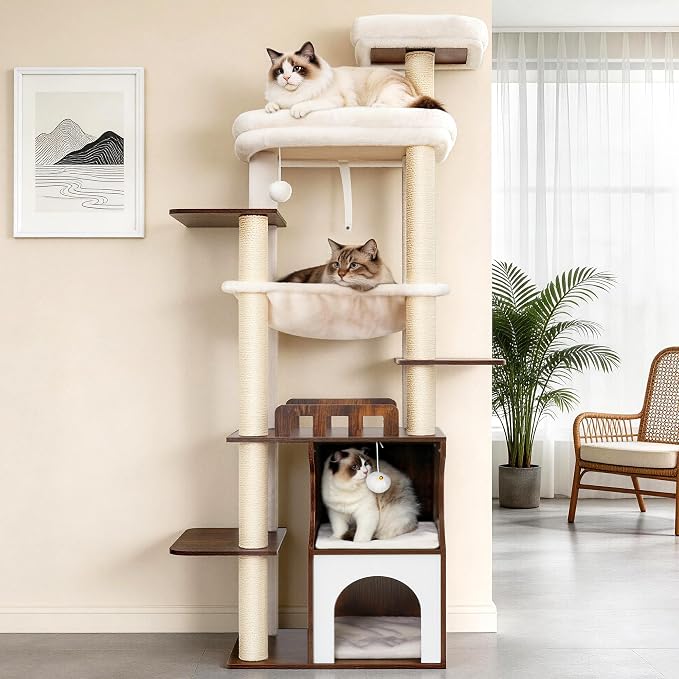 Modern Cat Tree Tower, 2-Layer Condo & Perch, Big Hammock 102SR | 70.9''Wood Cat Tower House Large Platform with Safe Guardrail for Indoor Cats Adult, All Sisal Scratching Post, Rustic Brown