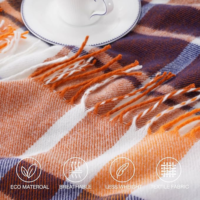 Fall Plaid Throw Blanket for Couch Bed, Mustard Throw Blanket, Fall Decor | 50x60in, Orange Fall Blanket, Woven Throw with Tassels, Buffalo Checkered Plaid Blankets and Throws Farmhouse Style for Home