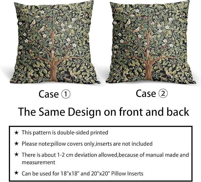 Green Tree Pillow Covers 24X24 Inch Set of 2 Watercolor Forest Bird Floral leaves Decorative Pillow Cases Spring Vintage Leaf Flower Cotton Linen Cushion Case Farmhouse Home Decor For Sofa Couch