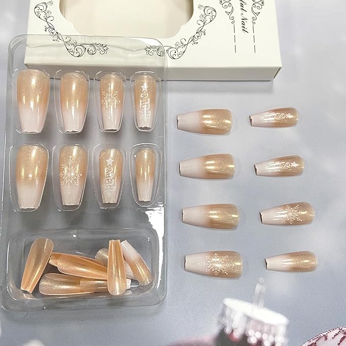 White Christmas Tree Snowflake Press-on Nails Long Ballerina Coffin Winter Xmas Gradient Design Glue-on Glossy Full Cover Acrylic for Women Girls DIY Christmas Fake