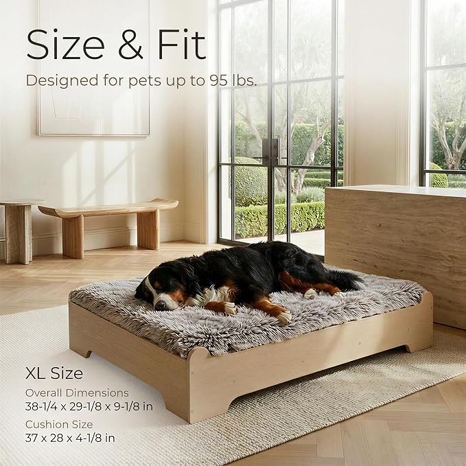 Elevated Wood Dog Bed Frame with Foam Mattress, WoodPattern, XL | Raised Dog Bed with Washable Cover, Furniture-Style Design for Indoor Living