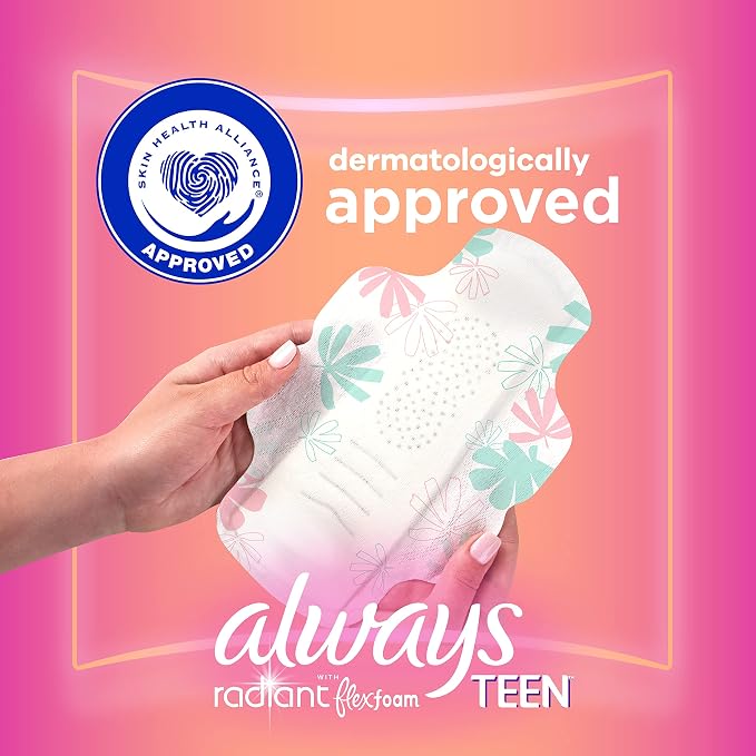 Always Radiant Teen Pads, Size 1, Regular, with Wings, Unscented, 42 Count (Pack of 2)