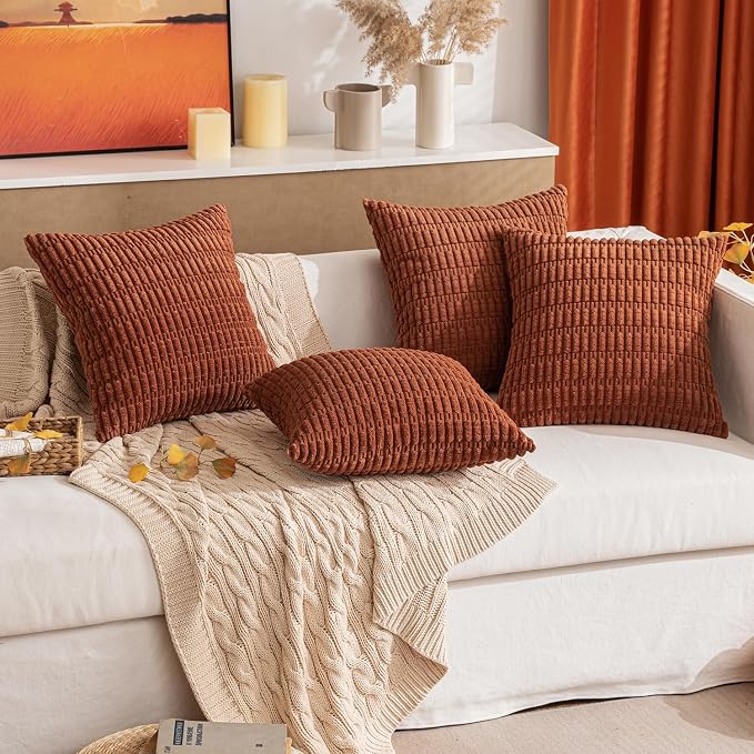 MIULEE Pack of 4 Fall Dark Rust Corduroy Decorative Throw Pillow Covers 18x18 Inch Soft Boho Striped Pillow Covers Modern Farmhouse Home Decor for Sofa Living Room Couch Bed | Neutral Rustic Farmhouse Boho Soft Striped Pillow Covers,Home Decor for Sofa...