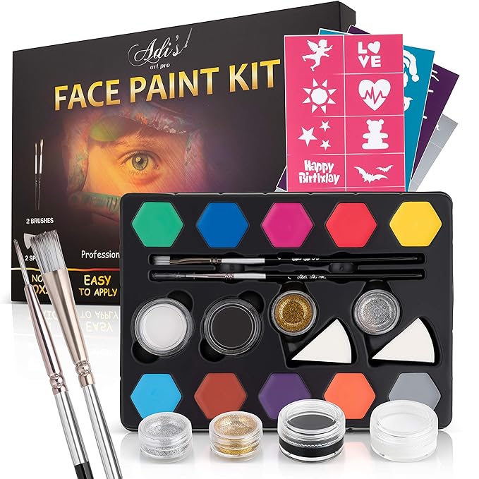 Face Paint Kit for Kids – 58 Washable Pieces, 20 Vibrant Non-Toxic Colors, Includes Brushes, Sponges, Glitter & Stencils – Safe, Hypoallergenic, Perfect for Birthdays, Halloween & Parties