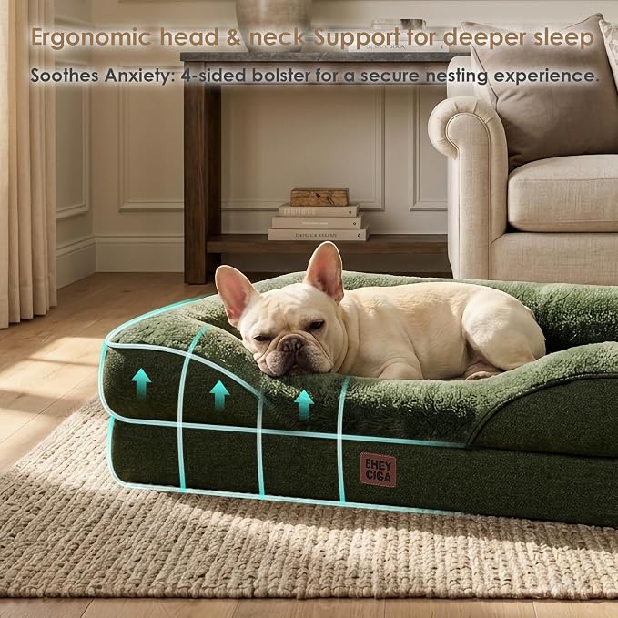EHEYCIGA Orthopedic Dog Bed for Large Dog, Memory Foam Dog Couch,Dark Green | 41x27 Inch Large Sized Dog Sofa with Sides, Waterproof Liner & Washable Removable Cover, Bolster Pet Couch