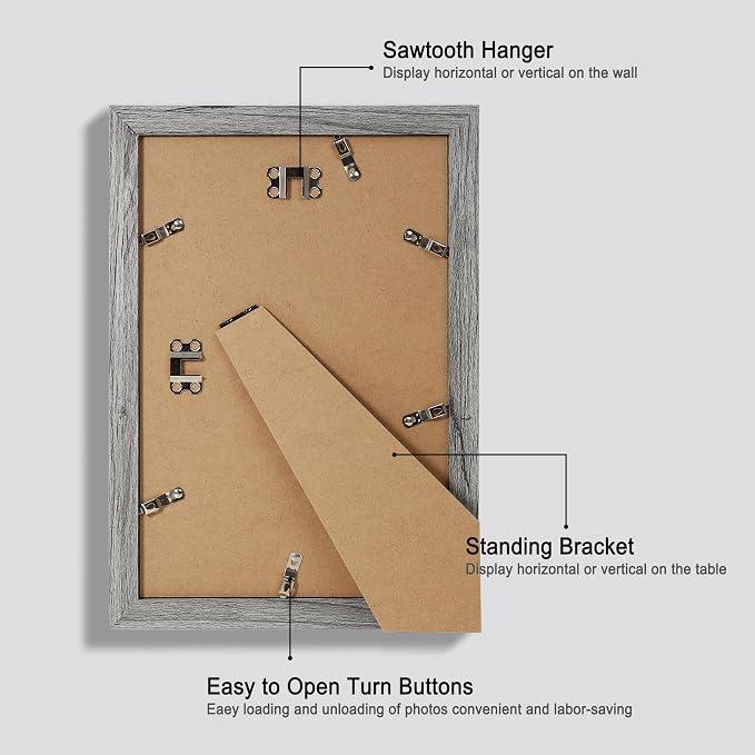 Hongkee 8x12 Picture Frame Set of 4, Made of Glass and Grey Wooden Frame - Display 6x8 Picture with Mat or 8 x 12 Poster Without Mat, 8 by 12 Photo for Wall or Tabletop