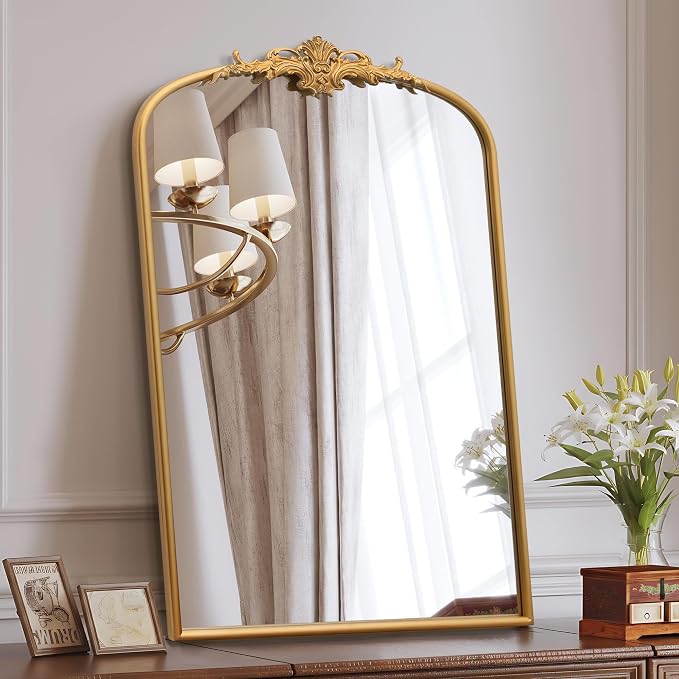 Besdomus Antique Large Wall Mirror: 24"x36" French Arch Gold Vanity Mirrors | Vintage Metal Framed Decorative - Baroque Traditional Ornate for Entryway/Bathroom/Dresser - Ideal for Bathroom Renovations