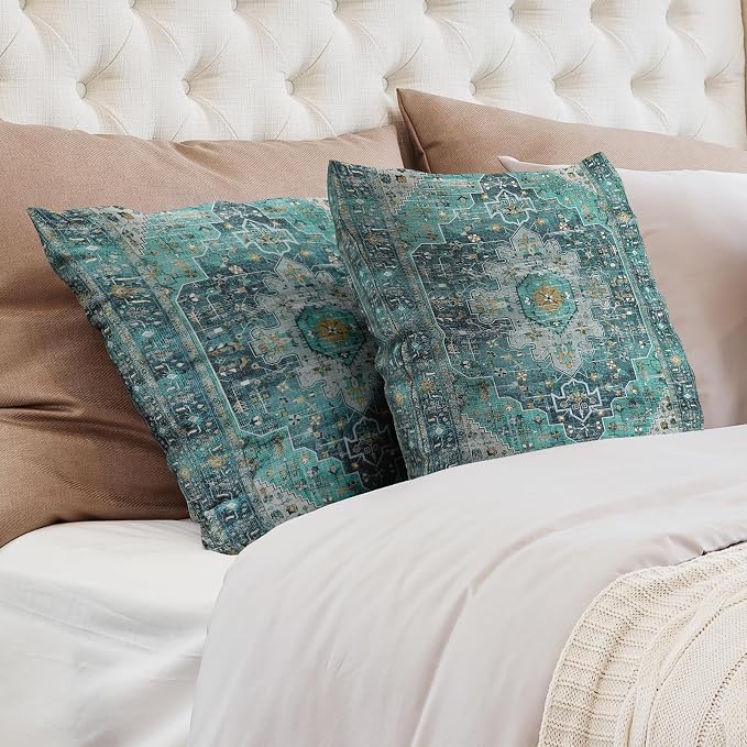Boho Throw Pillow Covers 22x22 inch Set of 2,Soft Pillowcases Bohemia Carpet Printing Pattern Decorative Sofa Living Room Bed Square Pillow Case Cushion Cover-Cyan