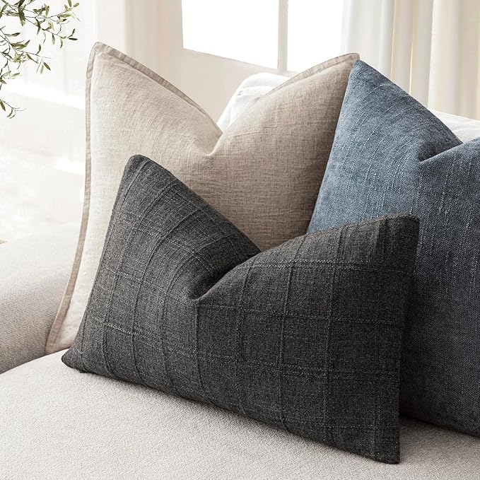 Foindtower Set of 2 Decorative Linen Check Throw Pillow Covers Neutral Farmhouse Lumbar Cushion Covers Modern Boho Home Decor for Sofa Chair Couch Bedroom Living Room,12×20 Inch,Charcoal