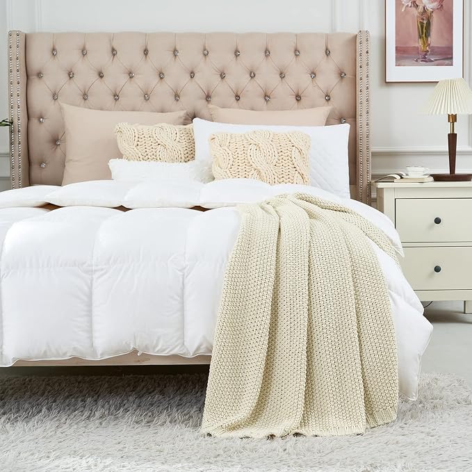 Chunky Cable Knit Throw Blanket Lightweight Cream 100% Organic Cotton Blanket for Sofa Couch Bed Baby Nursery, Rustic Shabby Chic Modern Farmhouse, 51” x 63” Give Laundering Bag