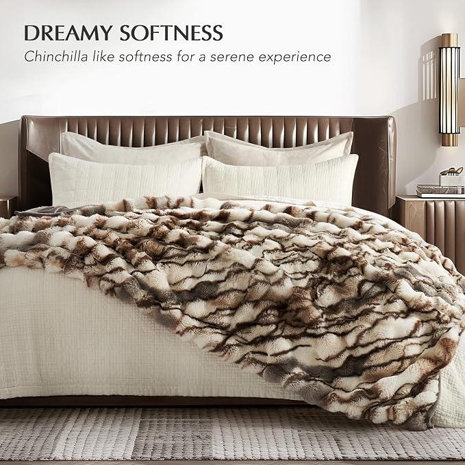 Faux Rabbit Fur Bubble Throw Blanket, 50"x60", Beige & Gray | Ultra Soft, Luxury Faux Rabbit Fur Throw, Thick Warm Bubble Blanket, Cozy Fluffy Reversible, for Bed, Couch, Chair, Sofa