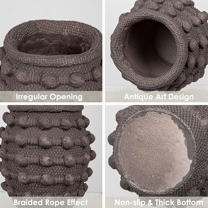 Rustic Farmhouse Vase, Boho Brown Vases for Pampas Grass Small Textured Knotted Vase for Flowers Decorative Cement Floral Vases for Home Decor, Living Room, Dining Table