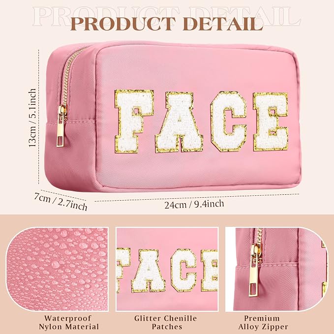 Preppy Makeup Bags Chenille Letter Stuff Bag Nylon Cosmetic Pouch Cases with Zipper for Women Travel Toiletry(Multi Colors,Classic,4 Pcs)