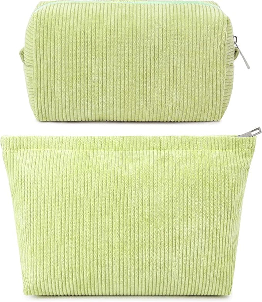 SOIDRAM 2 Pcs Corduroy Makeup Bag Large Cosmetic Bag Toiletry Bag Makeup Pouch Travel Bag Organizer Cute Makeup Brushes Aesthetic Accessories Storage Bag for Women Light Green