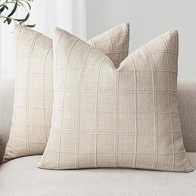 Foindtower Set of 2 Decorative Linen Check Throw Pillow Covers Neutral Farmhouse Vintage Cushion Covers Modern Boho Home Decor for Sofa Chair Couch Bedroom Living Room,24×24 Inch,Natural Beige