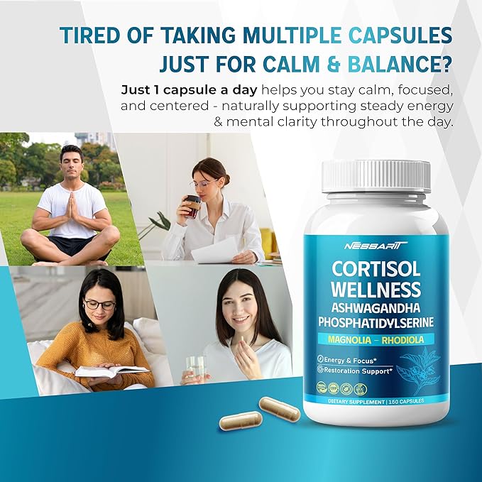CORTISOL Wellness Ashwagandha 14-in-1 Natural Blend with Phosphatidylserine Magnolia Rhodiola St. John's Wort Peppermint Bacopa - 150 Count