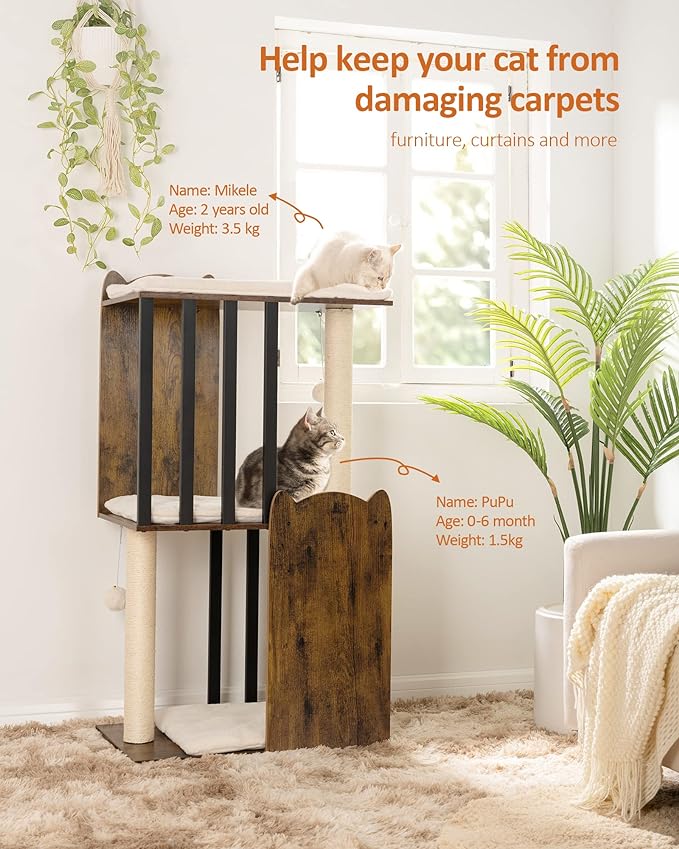 43.8in 3-Tier Modern Cat Tree Tower Condo, Cat Scratch Posts for Indoor Cats, Big Plate, Two 19.7in Full Sisal Scratching Posts, Rustic Brown