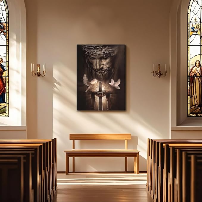 Fantasy Artists Framed Jesus Christ Canvas Wall Art The Cross and Peace Dove Christian Painting Prints Biblical Wall Decor Religious Room Decor for Church Prayer Room Schools Hospitals 16" x 24"