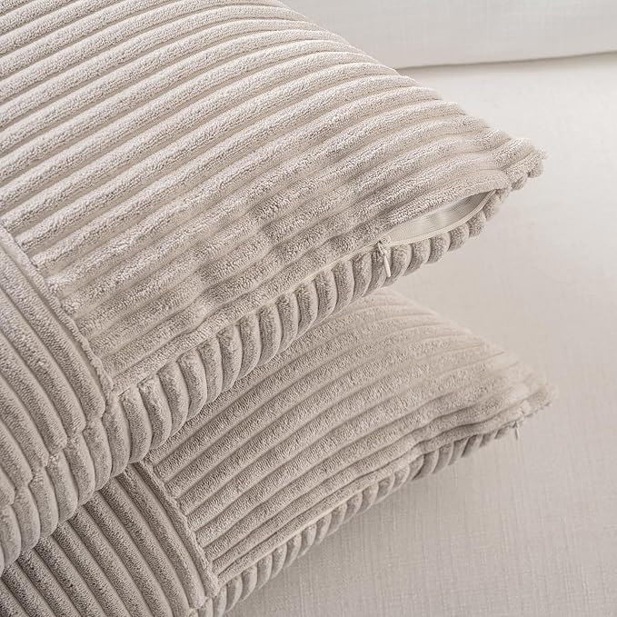 Fancy Homi Taupe Lumbar Decorative Throw Pillow Covers 26x16 Inch for Living Room Couch Bed Sofa, Farmhouse Home Decor, Soft Striped Corduroy Rectangle Accent Cushion Case 40x65 cm