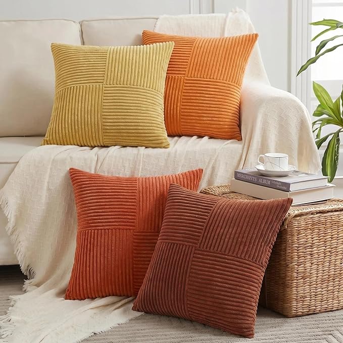 Fancy Homi Set of 4 Boho Fall Decorative Throw Pillow Covers 18x18 Inch for Couch Bed Sofa Bedroom, Modern Farmhouse Home Decor, Soft Cross Striped Corduroy Patchwork Colorful Cushion Case 45x45cm