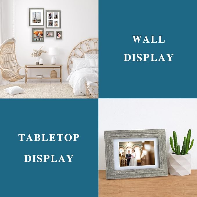 Hongkee 8x10 Picture Frame Set of 4, Made of Real Glass and Grey Wooden Frame, 8 by 10 Photo for Wall or Tabletop - Display Picture 5x7 with Mat or 8x10 Without Mat