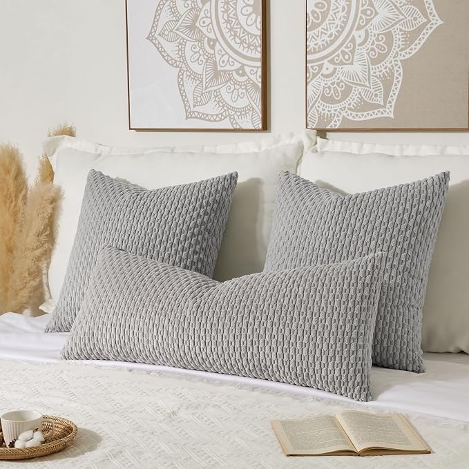 Kevin Textile Soft Corduroy 20"x54" Body Pillow Cover 1 Pack, Light Grey | Boho Stripe Plush Corduroy Decorative Oblong Cushion Cover Modern Farmhouse Home Decor for Sofa Couch Bed Chair
