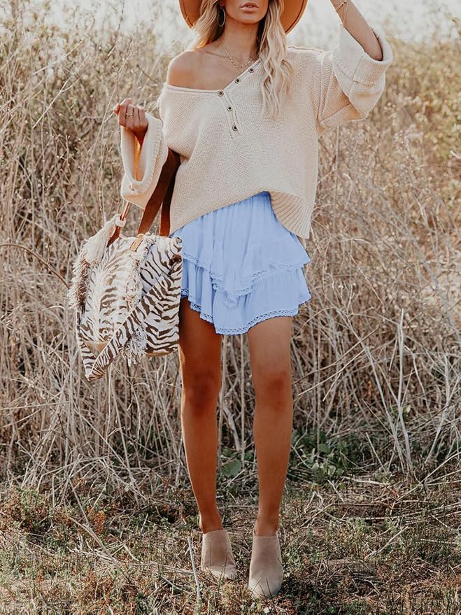 Flowy Shorts for Women Casual Boho Ruffle Tiered Skorts High Waist Mini Skirts Golf Tennis Crochet Shorts