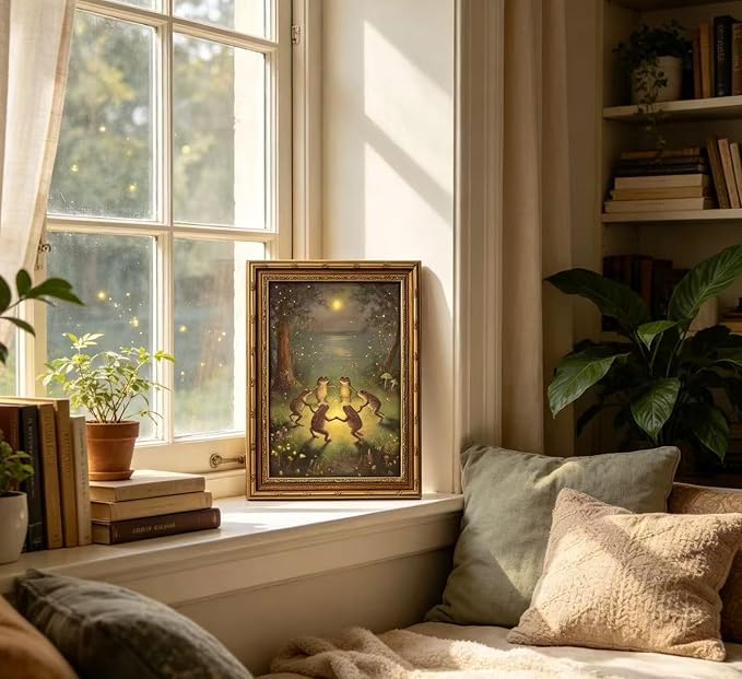 Vintage Gold Framed Frog Wall Art,Frogs Dancing in Moonlight Forest Painting Canvas Prints,Whimsical Animal Wall Decor,Retro Country Toad Poster Artwork,for Corridor Living room Bedroom Kitchen