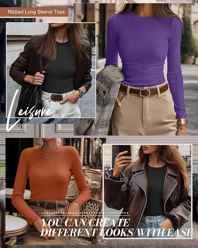 Ficerd 3 Pack Women's Ribbed Long Sleeve Tops, Crew Neck Slim Fit Undershirts Knit Basic Casual Stretch Layering Tee Shirts