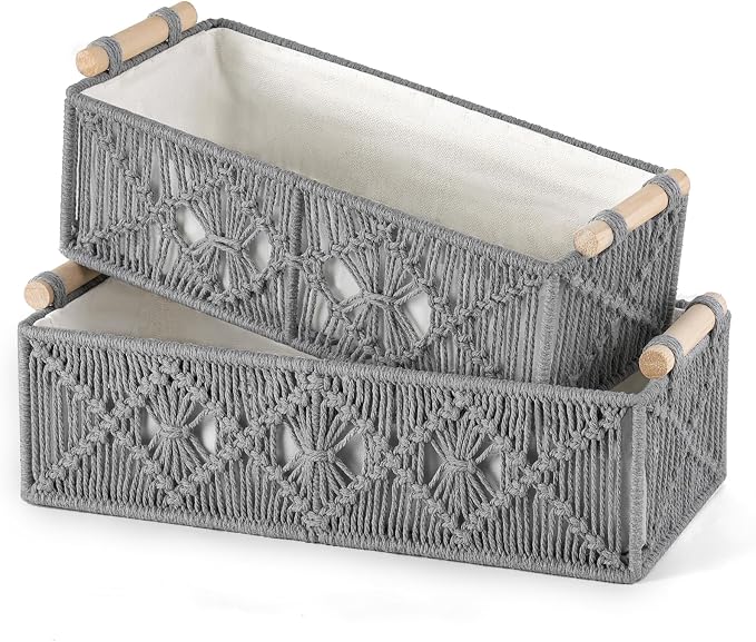 Mkono 2Pc Macrame Storage Basket, Boho Decor Toilet Paper Holder, Grey | Small Baskets for Organizing, Hand-Woven, Bohemian Beach Coastal Decor, Shelf Vanity Cabinet Bedroom Living Room Office Dorm